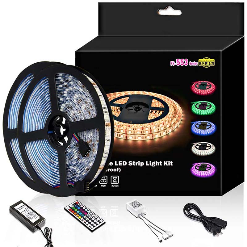 DC12V 5ALed Strip Light Waterproof 600leds 32.8ft 10m Waterproof Flexible Color Changing RGB SMD 5050 600leds LED Strip Light Kit with 44 Keys IR Remote Controller